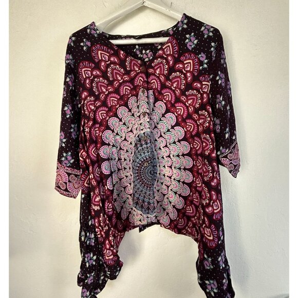 Sacred Threads Womens  Mandala Print Boho Tunic Top OS Handkerchief Hem NWOT - Picture 1 of 7